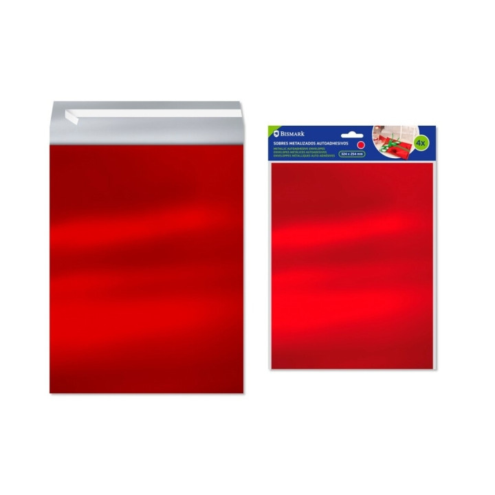 Bismark Pack de 4 Sobres Metalizados - Medidas 324x254mm - Cierre Autoadhesivo - Ideal para Regalos - Color Rojo Metalizado