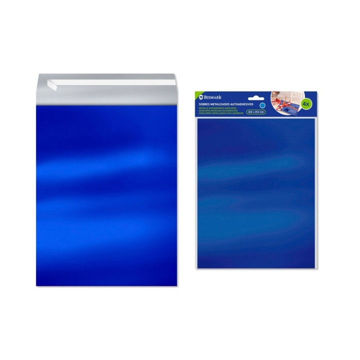 Bismark Pack de 4 Sobres Metalizados - Medidas 324x254mm - Cierre Autoadhesivo - Ideal para Regalos - Color Azul Metalizado