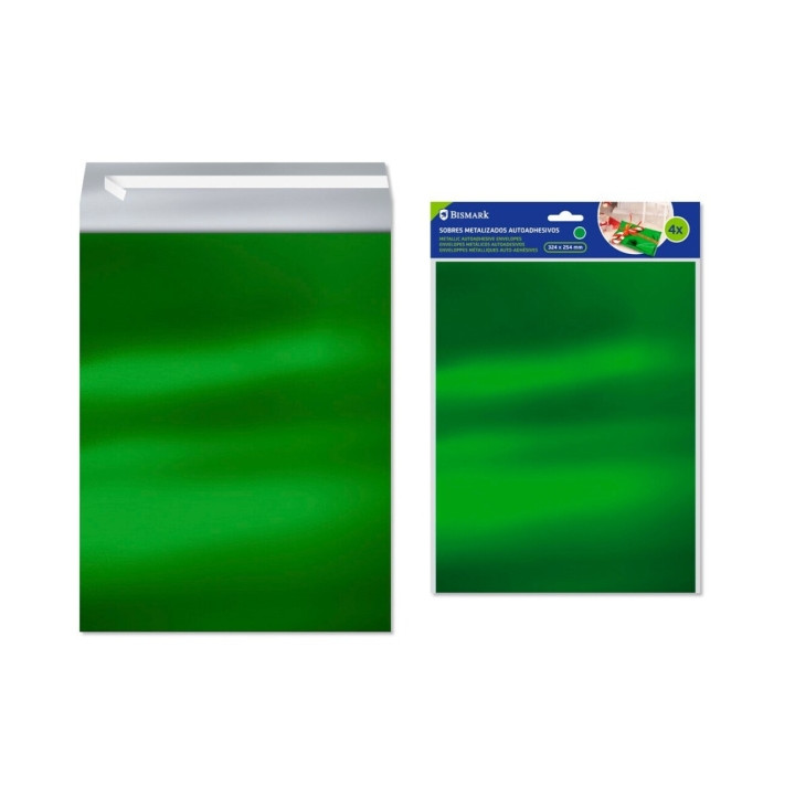 Bismark Pack de 4 Sobres Metalizados - Medidas 324x254mm - Cierre Autoadhesivo - Ideal para Regalos - Color Verde Metalizado