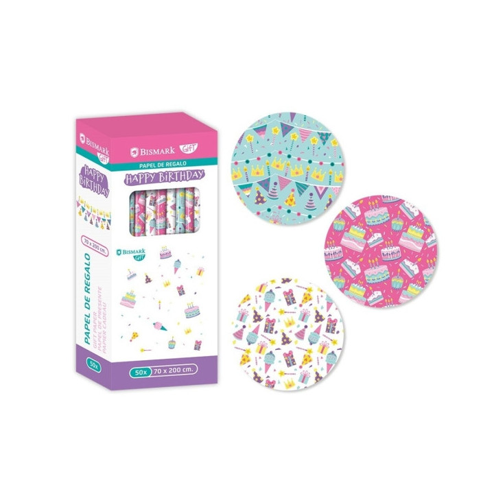Bismark Happy Birthday Rollo de Papel Regalo - Medidas 70cmx200cm - 3 Diseños Diferentes