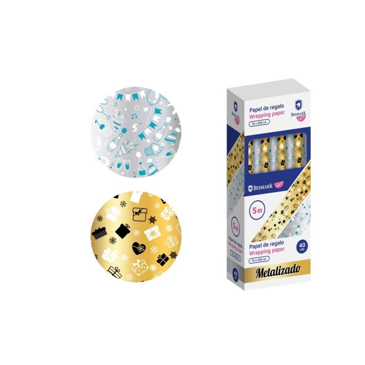 Bismark Metalizado Rollo de Papel Regalo - Medidas 70cmx500cm - 2 Diseños Diferentes