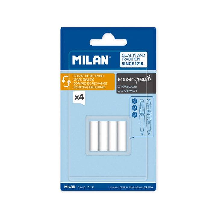 Milan Pack de 4 Gomas de Recambio para Portaminas - Compatible con Capsule y Compact - Color Blanco