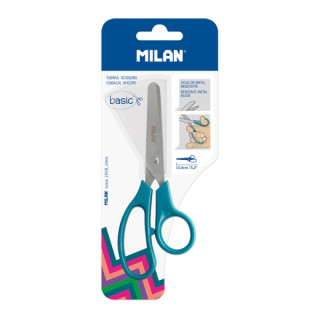Milan Basic Blister de Tijeras Escolares Basic Verde Azulado - Mango Ergonomico - Punta Redondeada - Acero Inoxidable de 13.4cm