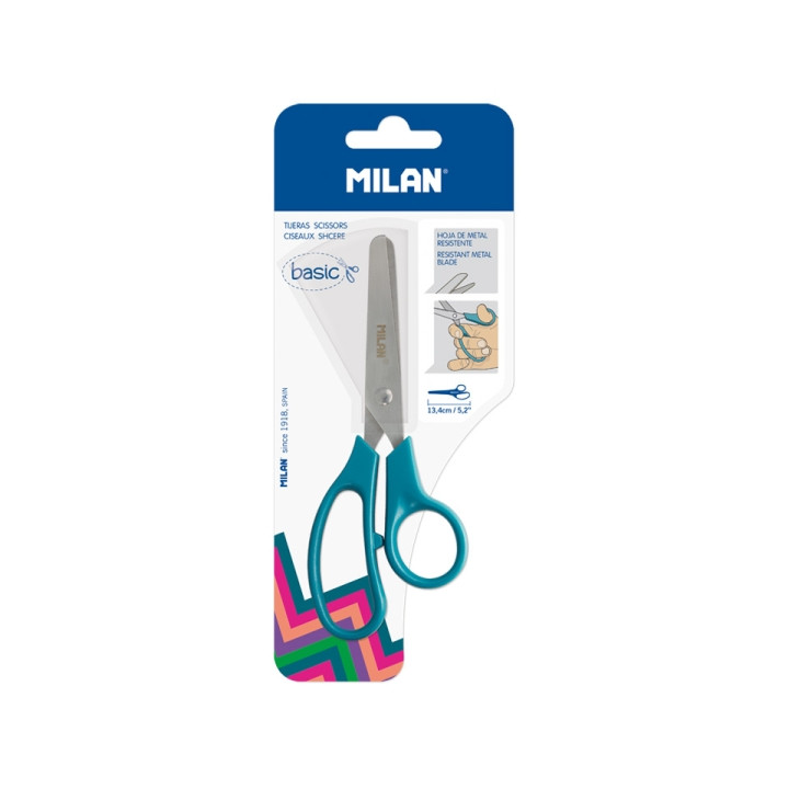 Milan Basic Blister de Tijeras Escolares Basic Verde Azulado - Mango Ergonomico - Punta Redondeada - Acero Inoxidable de 13.4cm