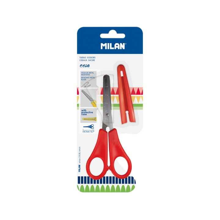 Milan Tijeras con Funda - Regla Integrada de 5cm - Punta Redondeada - Acero Inoxidable de 14.7cm - Color Rojo