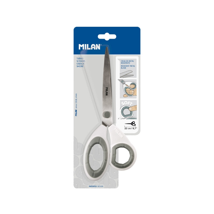Milan Tijeras de Oficina de 22cm - Mango Ergonomico - Hoja de Acero Inoxidable - Color Blanco