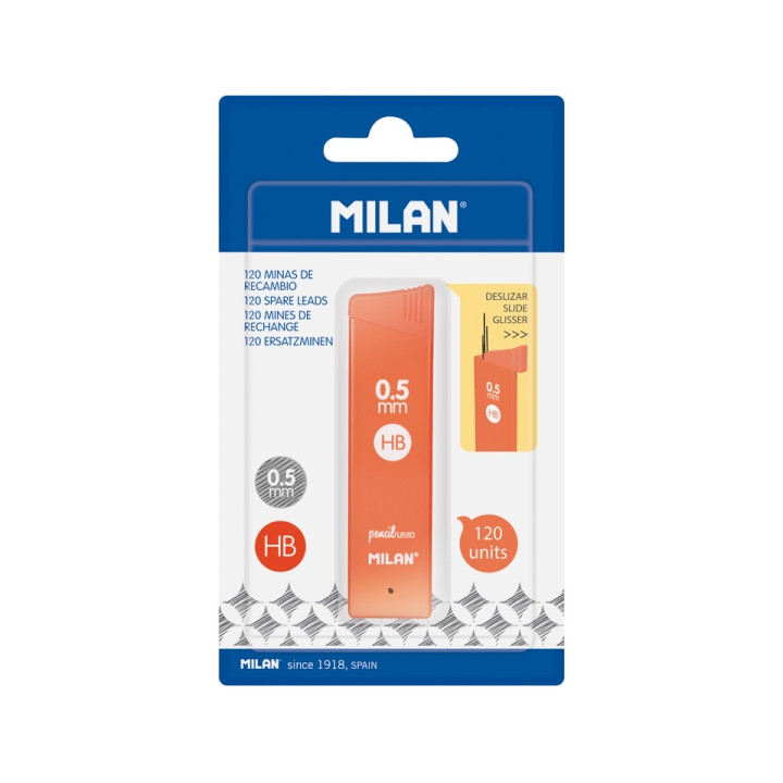Milan Pack de 120 Minas Grafito 0.5mm - Dureza HB - Color Naranja