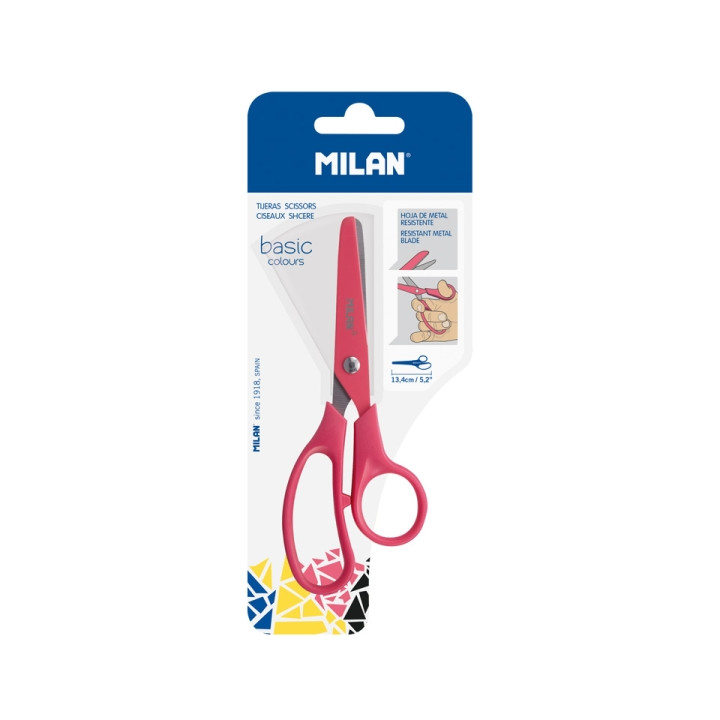 Milan Basic Colours Tijeras de 13.4cm - Mango Ergonomico - Punta Redondeada - Hoja de Acero Inoxidable - Color Rojo