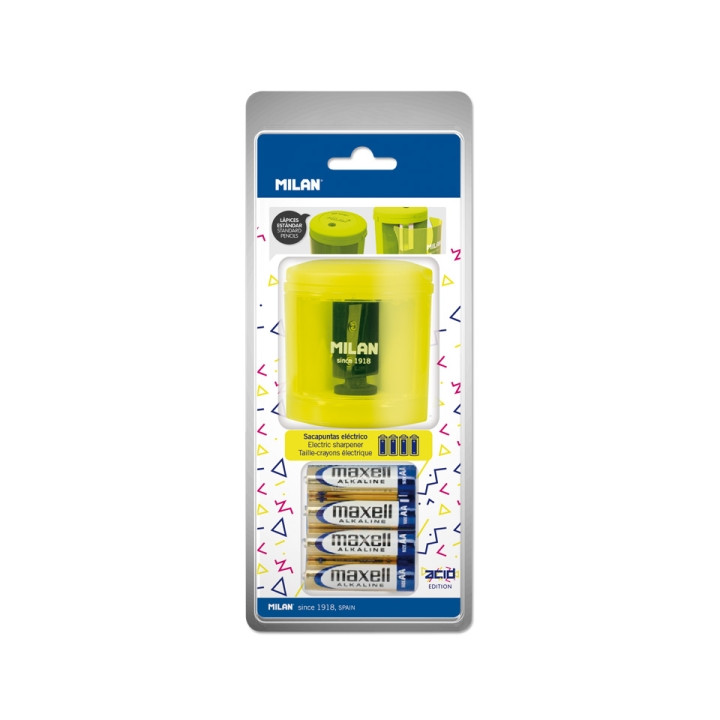 Milan Power-Sharp Acid Sacapuntas Electrico - Pilas Incluidas - Deposito Integrado - Cuchilla de Acero al Carbono de Seguridad