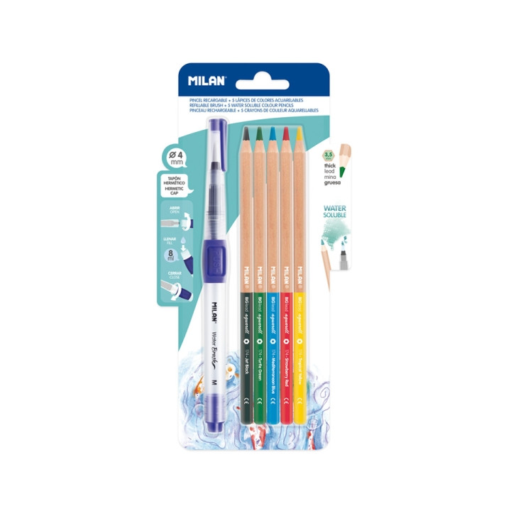 Milan Water Brush Pack de Pincel Recargable + 5 Lapices Acuarelables - Mina Gruesa - Color Azul