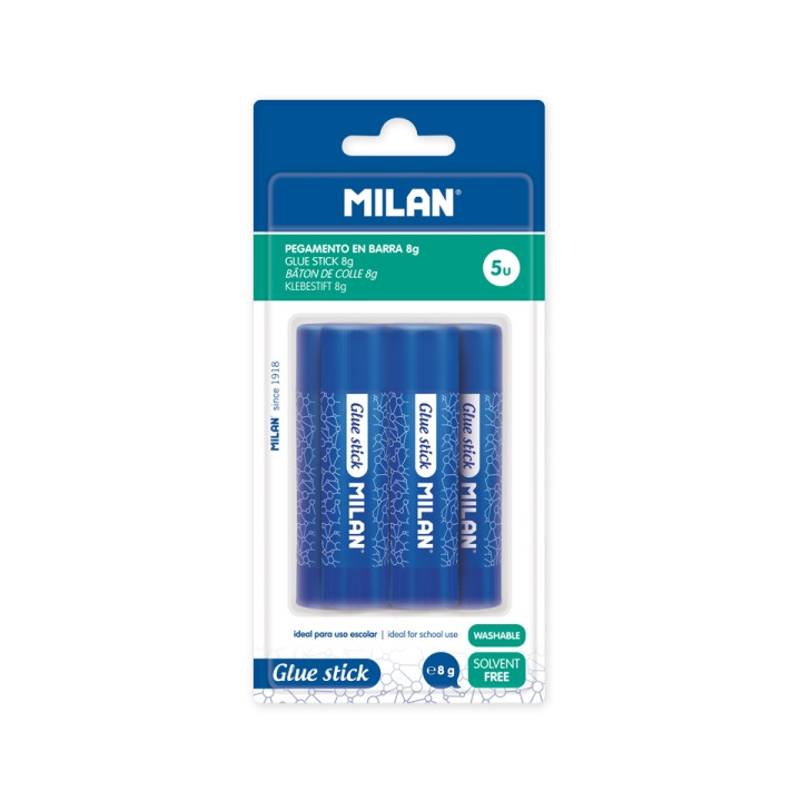 Milan Pack de 5 Barra de Pegamento 8 g - Multiusos - Multisuperficies - Sin Disolventes - Uso Escolar - Color Azul