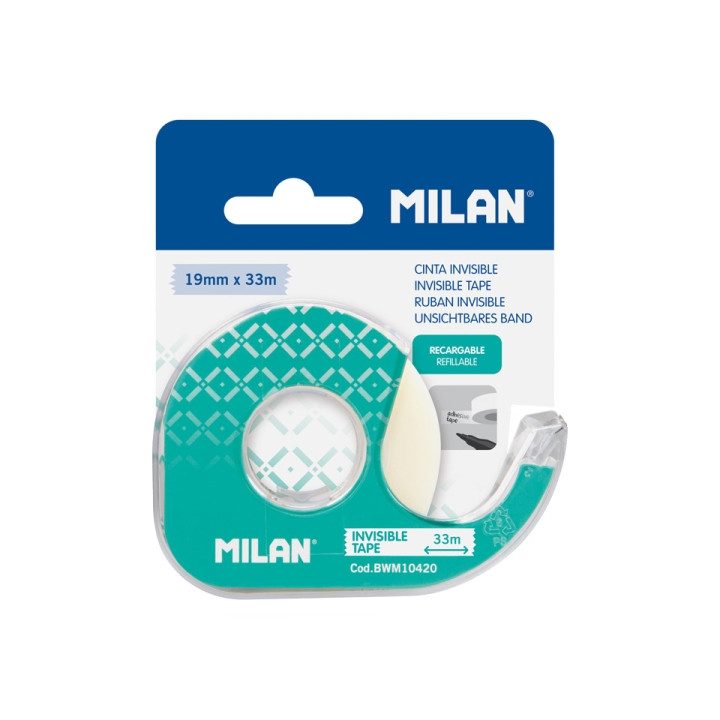 Milan Portarrollos con Cinta Adhesiva - Cinta Transparente Mate - Hoja de Corte Metalica - 19mm x 33m - Color Verde