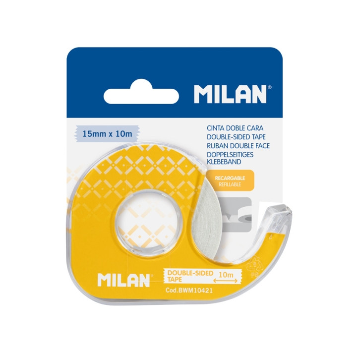 Milan Portarrollos con Cinta Adhesiva de Doble Cara - Hoja de Corte Metalica - 15mm x 10m - Color Amarillo