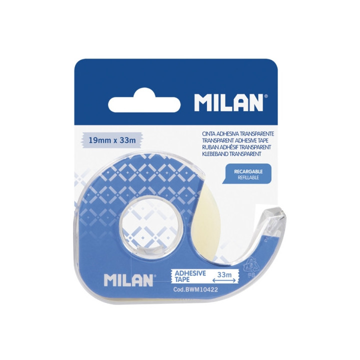 Milan Portarrollos con Cinta Adhesiva - Cinta Transparente Brillante - Hoja de Corte Metalica - 19mm x 33m - Color Azul