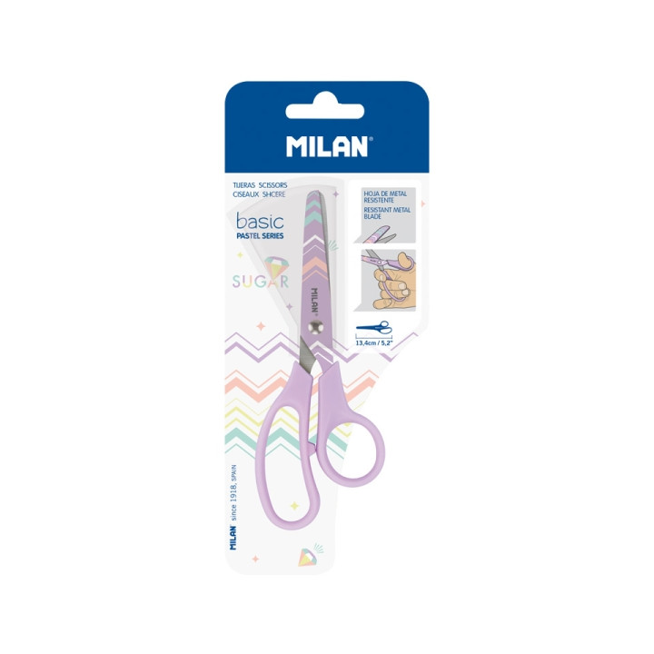 Milan Pastel Tijeras de 13.4cm - Mango Ergonomico - Punta Redondeada - Hoja de Acero Inoxidable - Color Lila Pastel