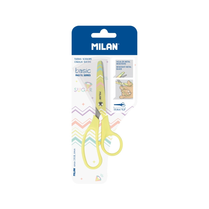 Milan Basic Tijeras de 13.4cm - Mango Ergonomico - Punta Redondeada - Hoja de Acero Inoxidable - Color Rosa Pastel