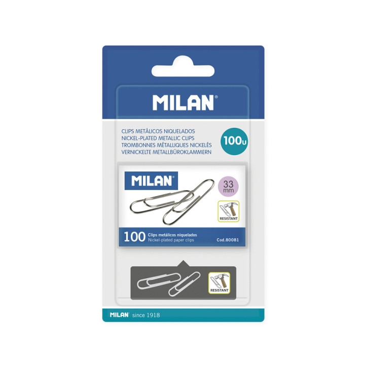 Milan Niquelados Pack de 100 Clips - 33mm - Color Plata