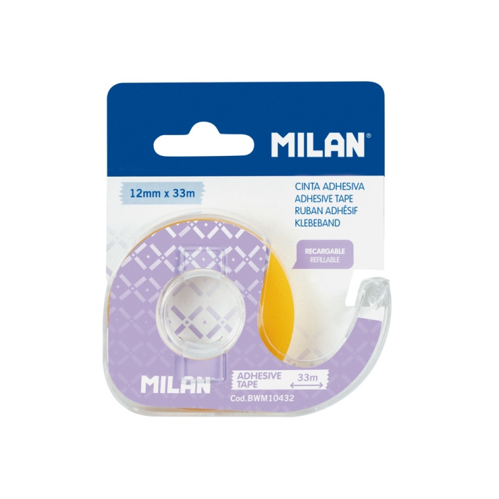 Milan Portarrollos con Cinta Adhesiva - Cinta Amarillo Transparente - Hoja de Corte Metalica - 12mm x 33m - Color Lila