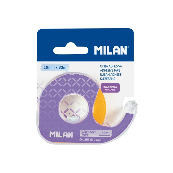 Milan Portarrollos con Cinta Adhesiva - Cinta Amarillo Transparente - Hoja de Corte Metalica - 19mm x 33m - Color Lila