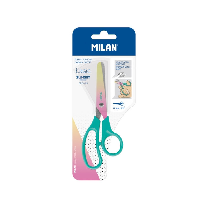 Milan Basic Sunset Tijeras de 13.4cm - Mango Ergonomico - Punta Redondeada - Hoja de Acero Inoxidable - Color Turquesa