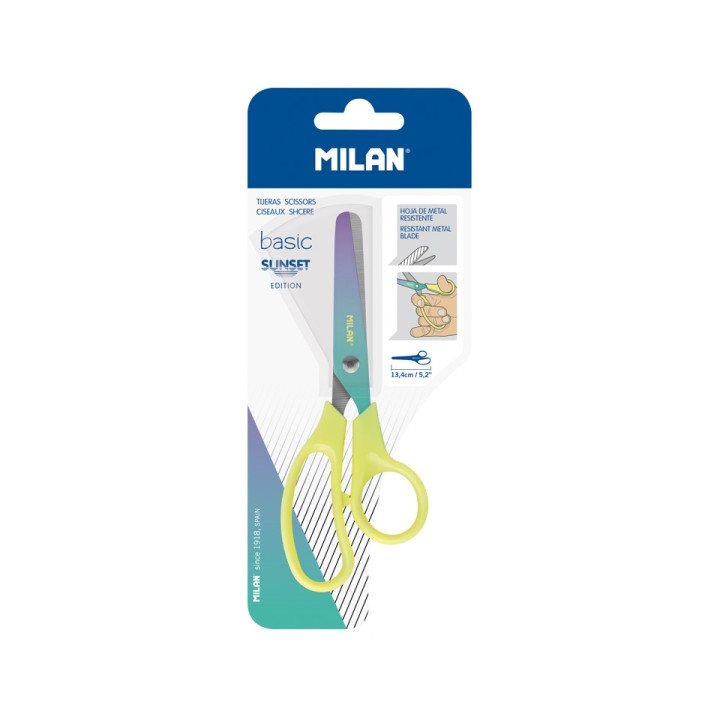 Milan Basic Sunset Tijeras de 13.4cm - Mango Ergonomico - Punta Redondeada - Hoja de Acero Inoxidable - Color Amarillo