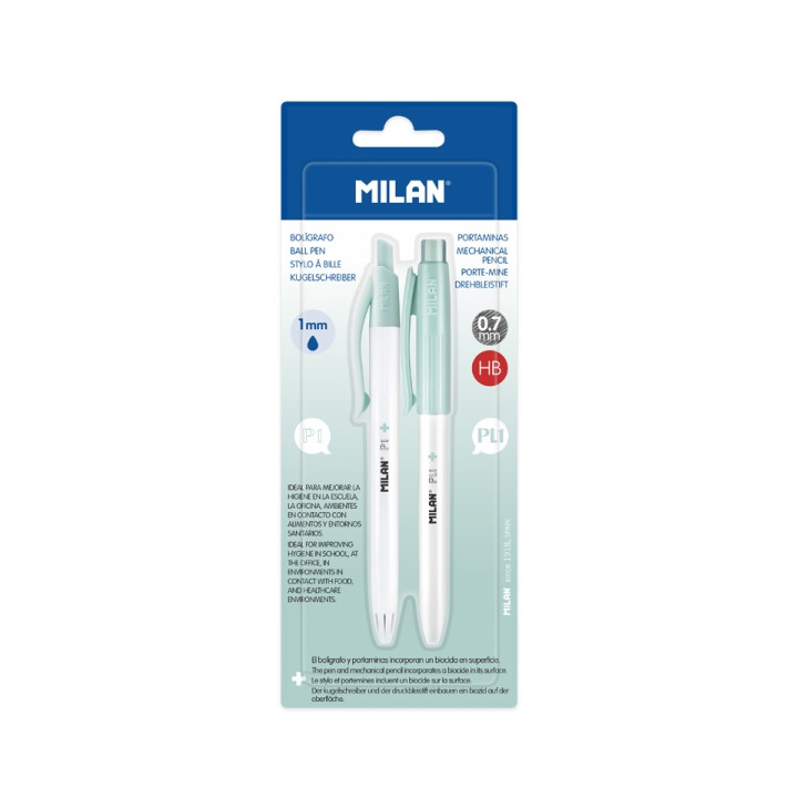 Milan P1 + Pack de 1 Boligrafo Azul + 1 Portaminas 0.7mm - Superficie Antibacteriana - Color Turquesa