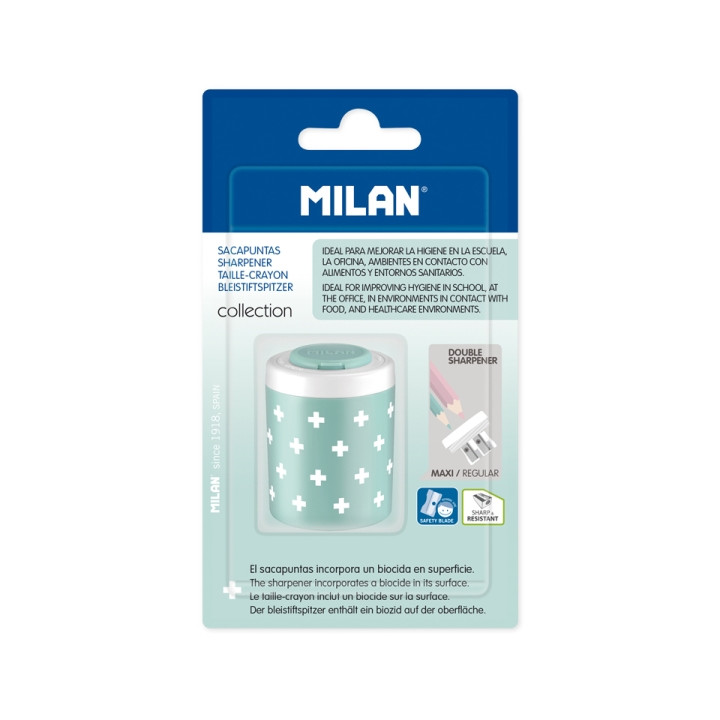 Milan Collection + Sacapuntas Doble con Deposito - Agujero Normal y Maxi - Superficie Antibacteriana - Color Turquesa