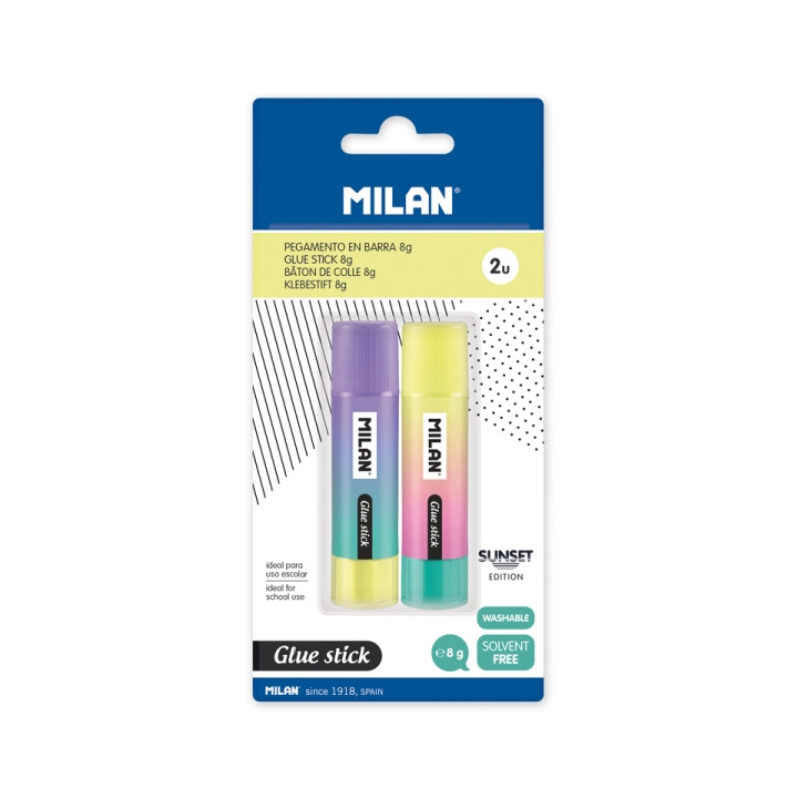 Milan Sunset Pack de 2 Barras de Pegamento 8g - Multiusos - Multisuperficies - Sin Disolventes - Uso Escolar - Color Azul Marin