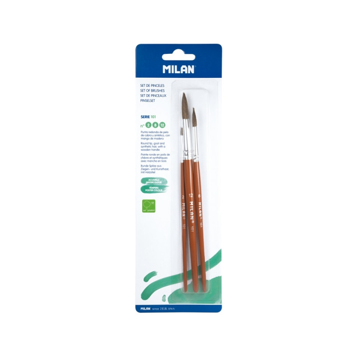 Milan 101 Pack de 3 Pinceles Redondos - Formatos Surtidos - Pelo de Cabra y Sintetico - Color Madera Oscuro