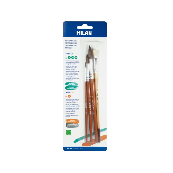 Milan 101 Pack de 3 Pinceles Redondos - Formatos Surtidos - Pelo de Cabra y Sintetico - Incluye 1 Pincel Serie 524 Numero 8 - C