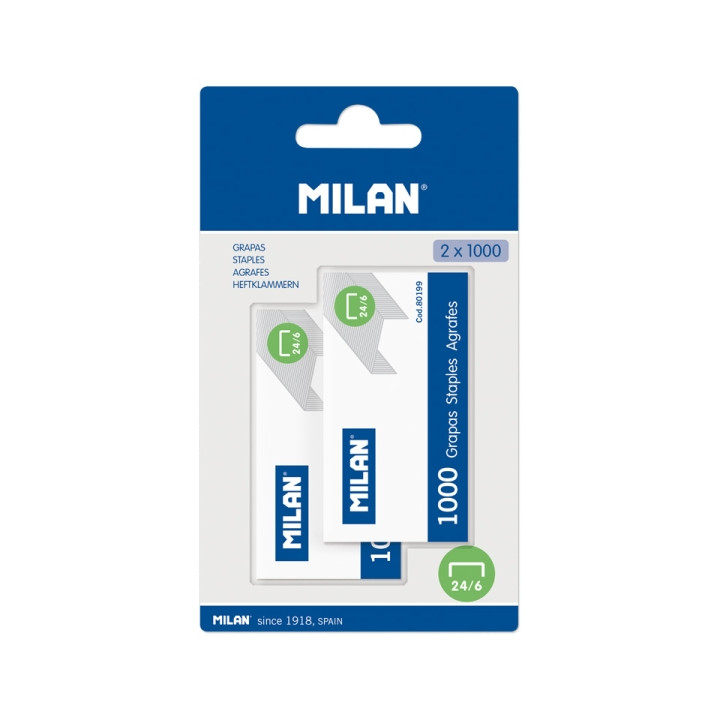 Milan Pack de 2000 Grapas - 2 Cajas en Blister - Formato 24/6 - Color Gris