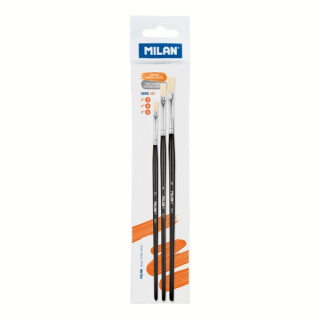 Milan 501 Pack de 3 Pinceles Planos - Cerda Natural - Formatos Surtidos - Color Negro