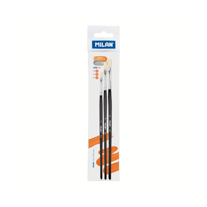Milan 501 Pack de 3 Pinceles Planos - Cerda Natural - Formatos Surtidos - Color Negro