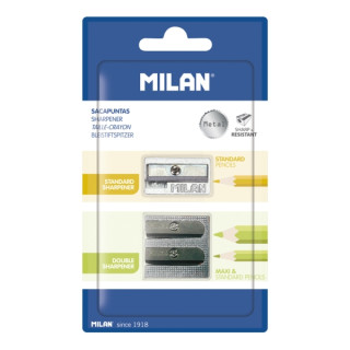 Milan Pack de 2 Sacapuntas de Aluminio Sin Deposito - 1 Estandar - 1 Doble para Normal y Maxi - Color Plata