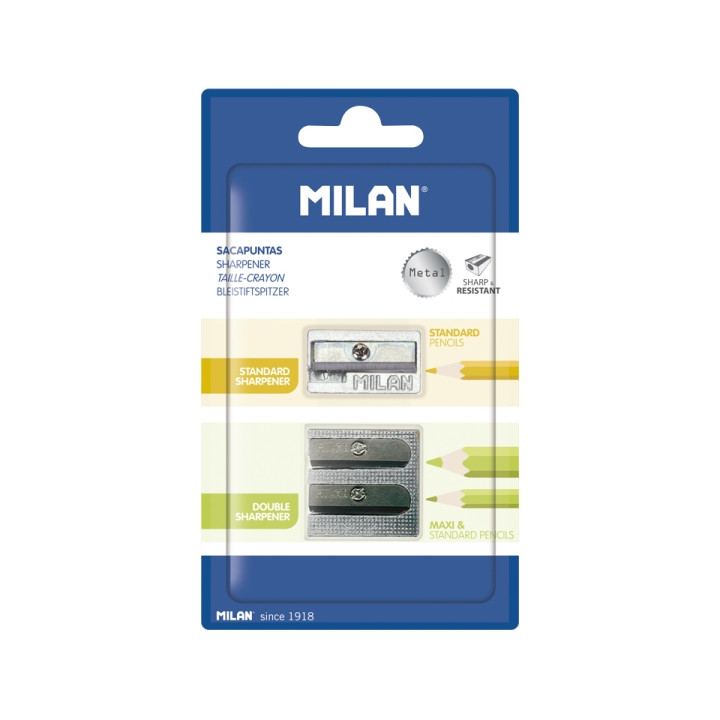 Milan Pack de 2 Sacapuntas de Aluminio Sin Deposito - 1 Estandar - 1 Doble para Normal y Maxi - Color Plata