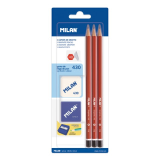 Milan Pack de 3 Lapices HB + Sacapuntas + Goma de Borrar 430 - Hexagonales - Color Rojo