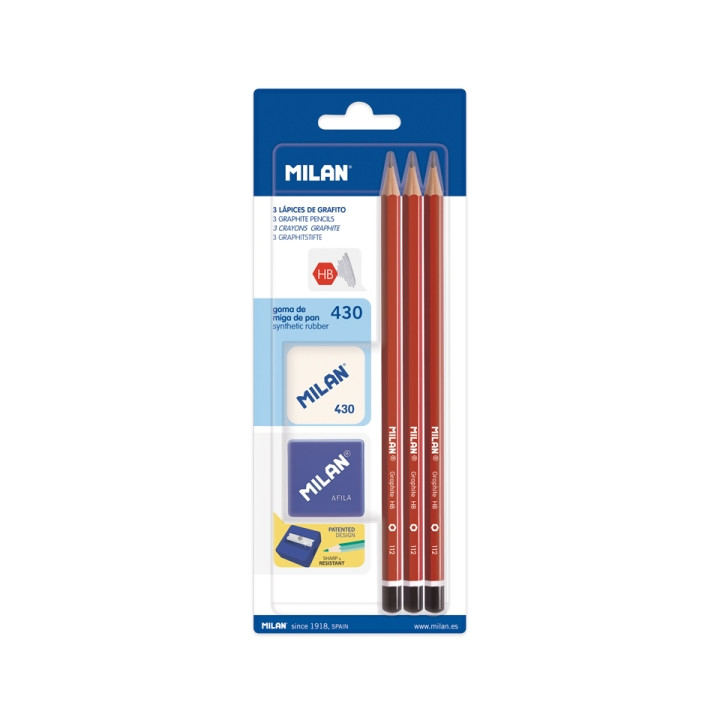 Milan Pack de 3 Lapices HB + Sacapuntas + Goma de Borrar 430 - Hexagonales - Color Rojo
