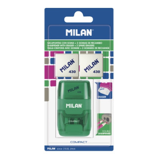 Milan Compact Afilaborra - 2 Gomas de Recambio - Cuchilla de Acero de Seguridad - Doble Agujero para Normal y Maxi - Colores Su