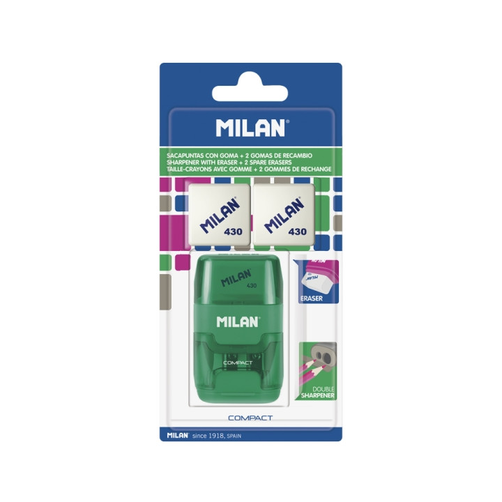 Milan Compact Afilaborra - 2 Gomas de Recambio - Cuchilla de Acero de Seguridad - Doble Agujero para Normal y Maxi - Colores Su