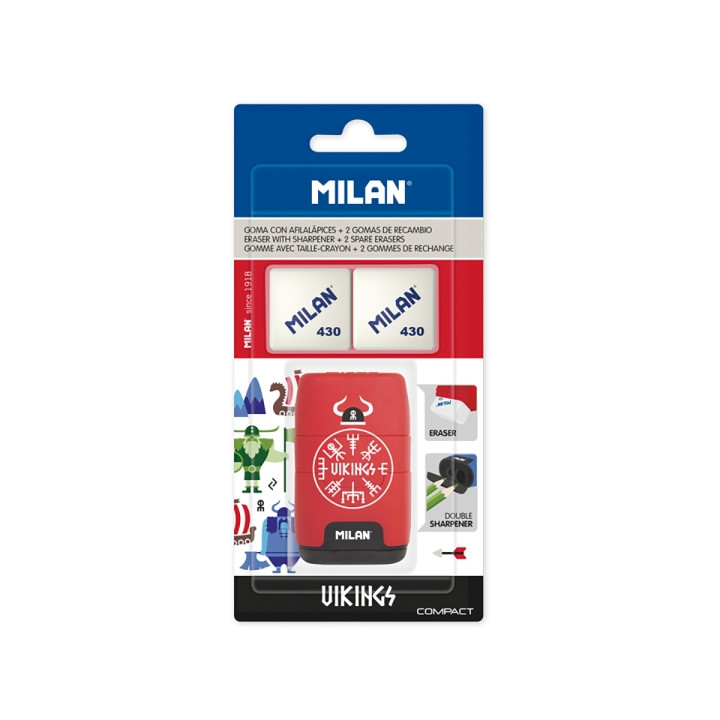 Milan Compact Vikings Afilaborra - 2 Gomas de Recambio - Cuchilla de Acero de Seguridad - Doble Agujero para Normal y Maxi - Co