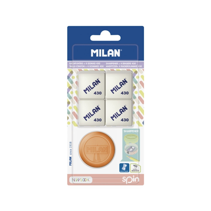 Milan Spin New Look Pack de Sacapuntas + 4 Gomas 430 - Colores Surtidos