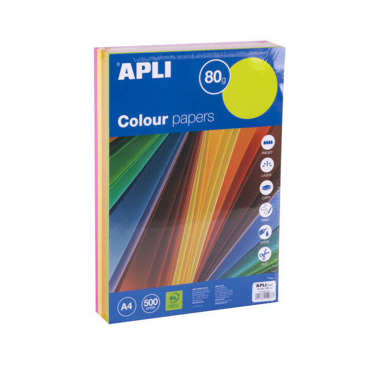 Apli Papel Color Surtido Fluorescente A4 500 Hojas