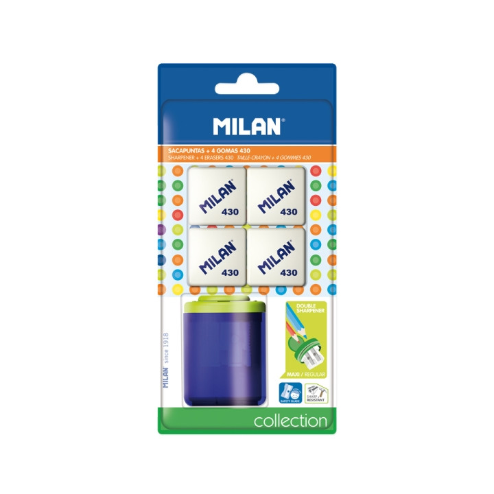 Milan Collection Pack de Sacapuntas + 4 Gomas 430 - Colores Surtidos