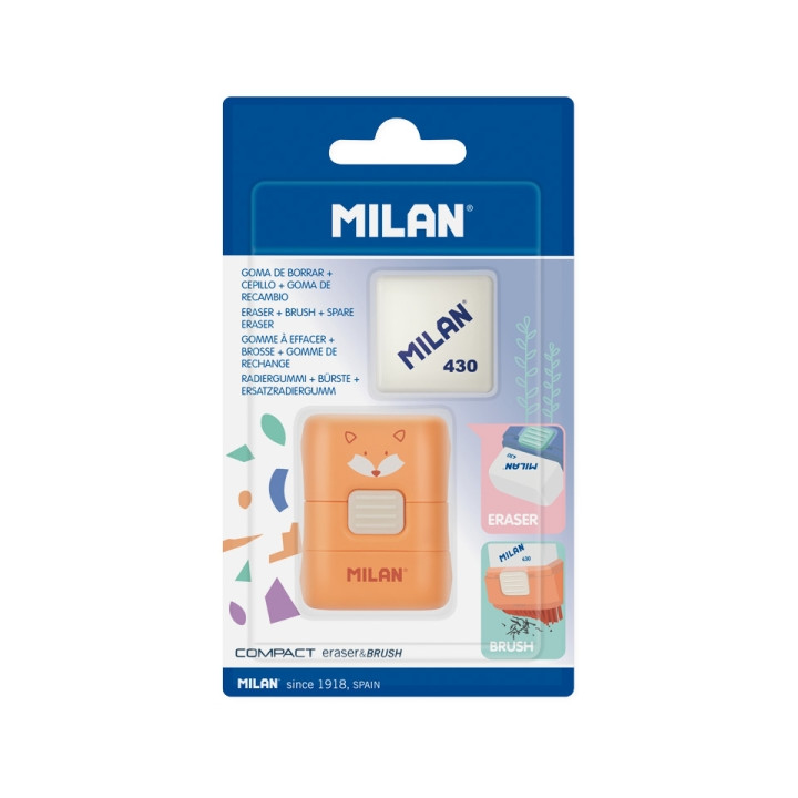 Milan Compact Fun Animals Goma de Borrar con Cepillo - Incluye Recambio - Colores Surtidos