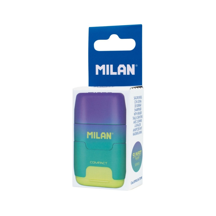 Milan Compact Sunset Afilaborra con 2 Gomas de Borrar - Sacapuntas Doble - Cuchilla de Seguridad - Color Turquesa