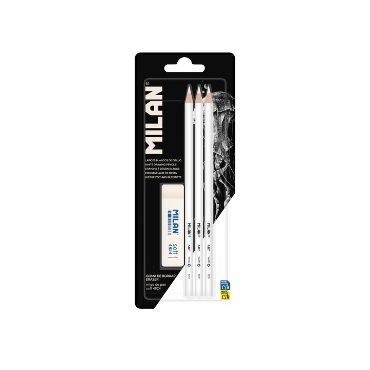 Milan Pack de 3 Lapices + 1 Goma para Dibujo - Mina Blanca para Papel Oscuro - Miga de Pan Flexible - Color Blanco