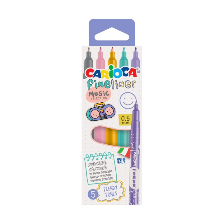 Carioca Fineliner Music Pack de 5 Rotuladores - Punta Blanca de Acetal 0.5mm - Colores Surtidos