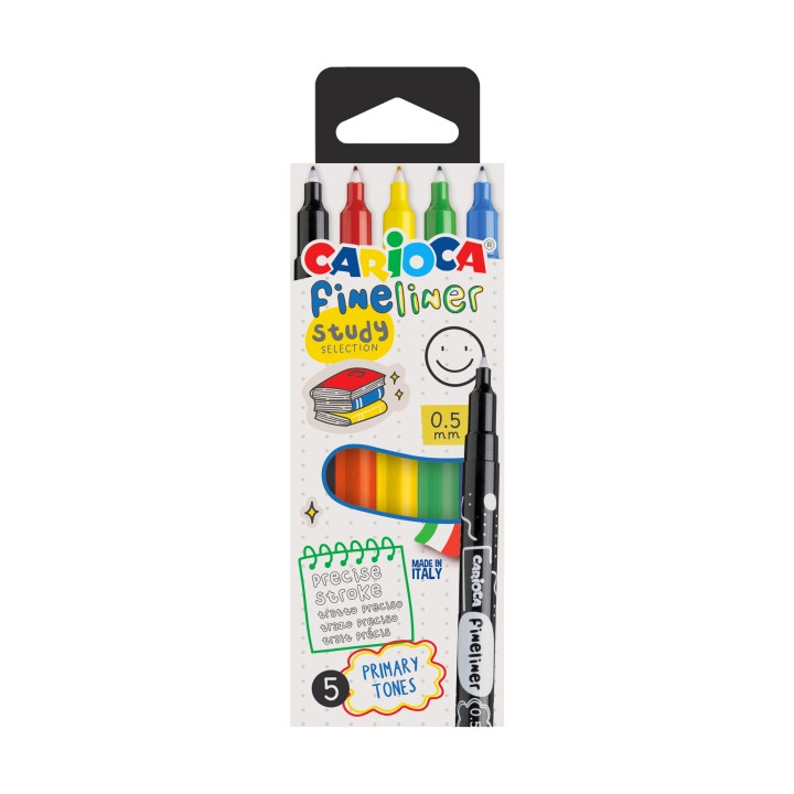 Carioca Fineliner Study Pack de 5 Rotuladores - Punta Blanca de Acetal 0.5mm - Colores Surtidos