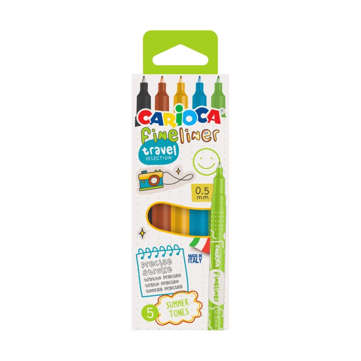 Carioca Fineliner Travel Pack de 5 Rotuladores - Punta Blanca de Acetal 0.5mm - Colores Surtidos