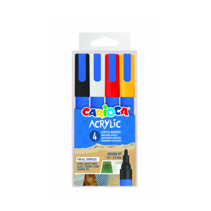 Carioca Acrylic Pack de 4 Marcadores de Pintura Acrilica - Punta Redonda Media 1.8-2.5mm - Tinta a Base de Agua - Alta Cobertur